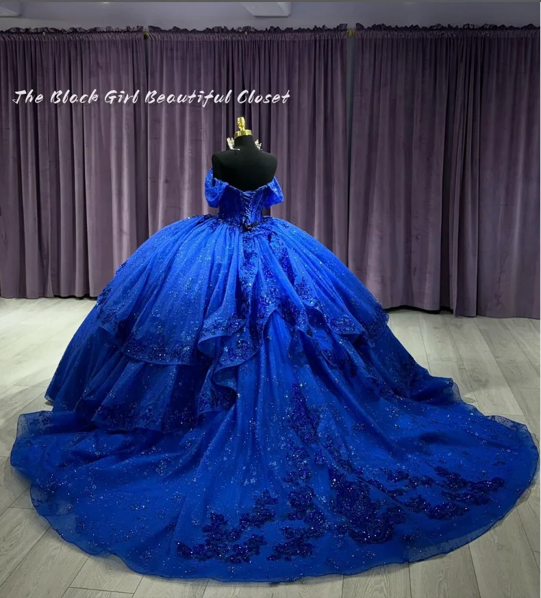 Elegante vestido de luxo com lantejoulas e pérolas, poncho azul, bainha ombro cartão, vestidos strappy, Applique, 15 vestidos Quinceanera, 2024