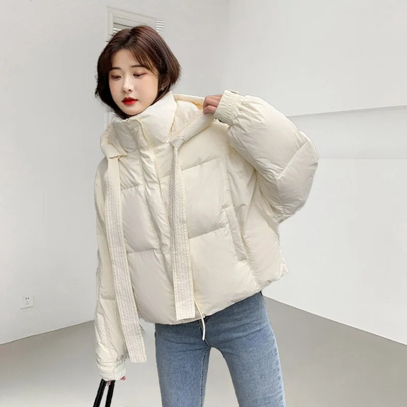 เสื้อแจ็คเก็ตบุขนเป็ดสีขาวมีฮู้ดสำหรับผู้หญิง เสื้อโค้ทขนเป็ดแบบสั้นมีฮู้ดสำหรับฤดูหนาว เสื้อคลุมหนาสำหรับใส่ด้านนอก куртки зимние женские JK-169