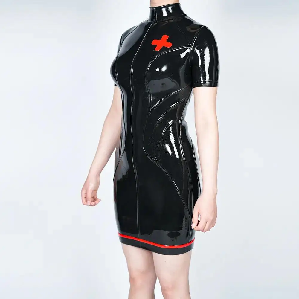 Feturax Silicone Rear-Cut Nurse Bodycon Mini Dress for Cosplay Costumes Upgraded Latex Suit Furry Dressing Bodysuit