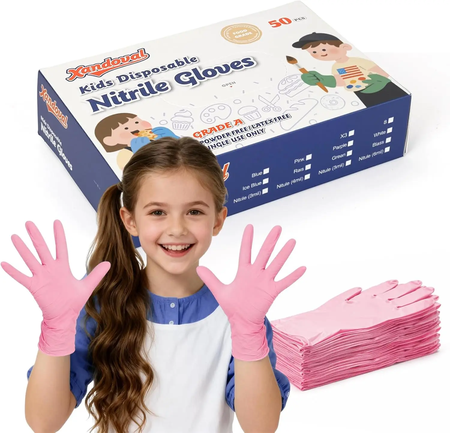 Einweghandschuhe für Kinder von 3-8 Jahren, 5 Mil, rosa Nitril, latexfrei, puderfrei, langlebig für Arbeit, Reinigung, Kochen, Gartenarbeit (XS, 50 Stück)