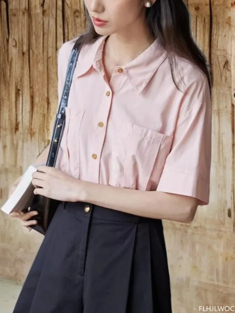 綿ブレンドトップスブラウス新デザイン女性かわいい甘い女の子ポケットカジュアルルーズソリッドピンクボタン白シャツ