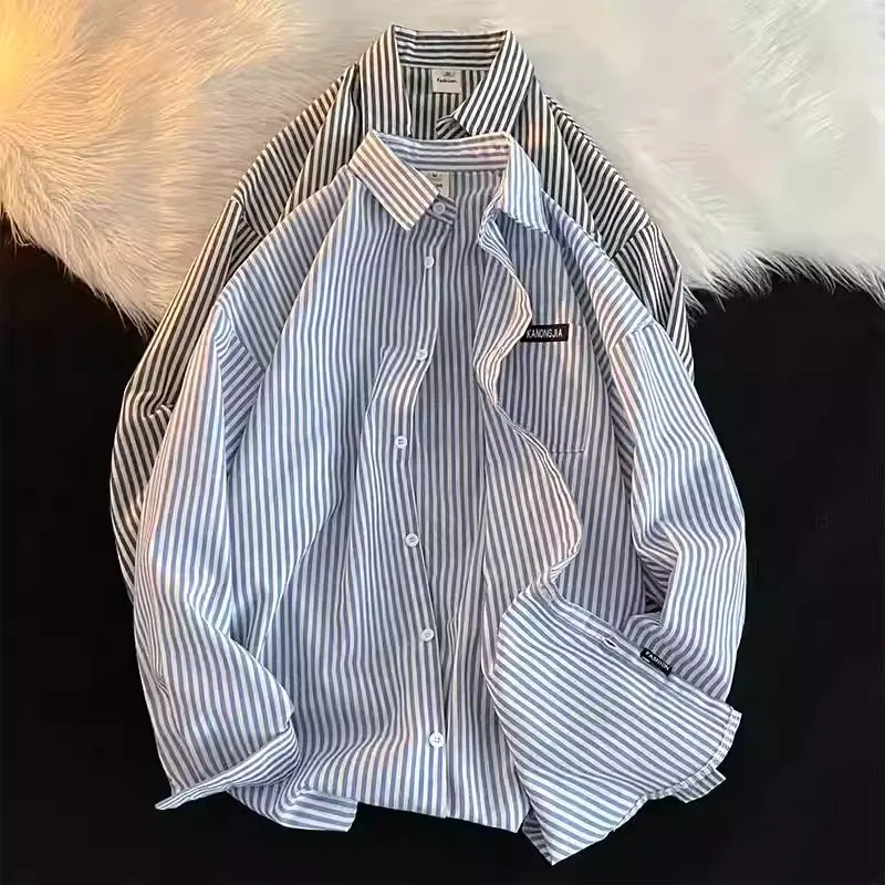 

Casual Long Sve Men's irt Vertical Stripes High Street Sle Teenager BF Korean Japanese Sle Smart Casual Polyester Fiber