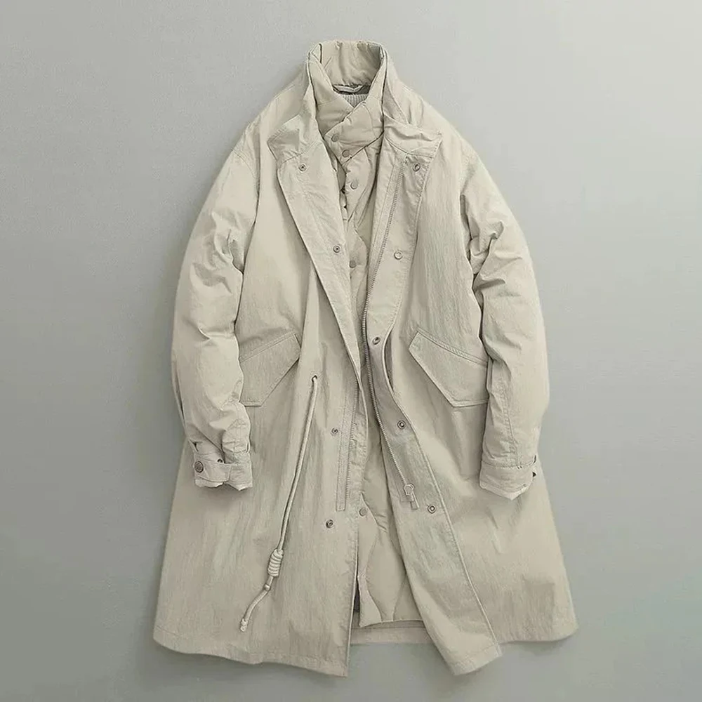 Autumn And Winter New Thick Retro Fake Two-Piece Stand-Up Collar Medium-Long Cotton Jacket Mens Versatile Casual Loose Y2k Coat