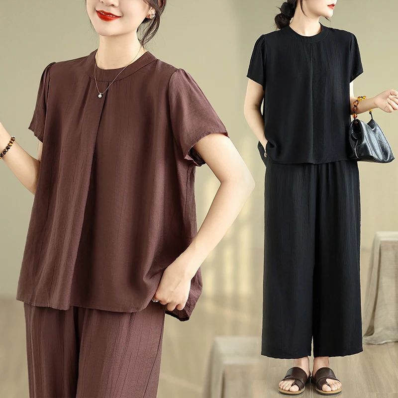 

Однотонный повседневный женский комплект, свободный крой irt плюс эластичный брюки с высокой талией, прямые брюки девять длинок, костюм из двух предметов