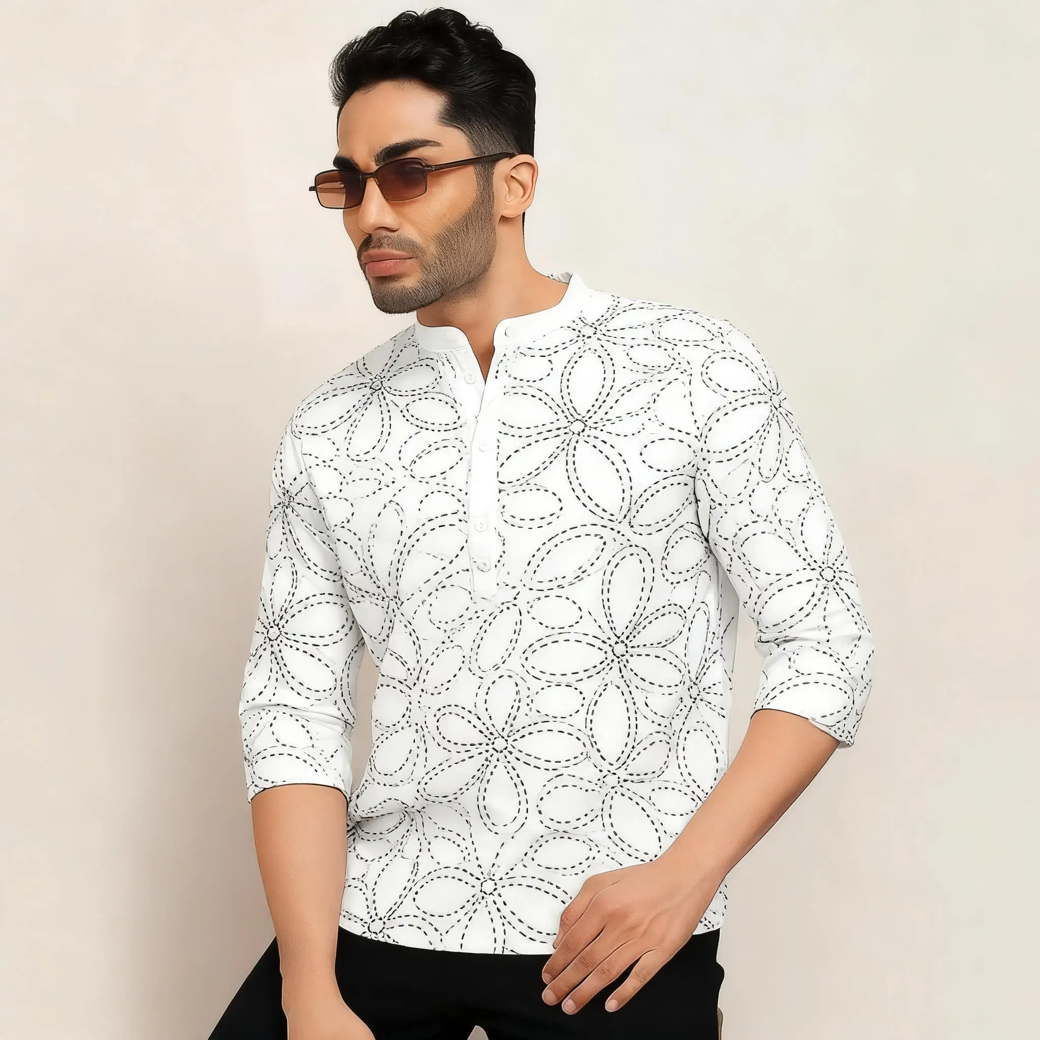 2026 رداء رجالي مسلم بأكمام طويلة قميص نمط عرقي الوقوف طوق الملابس العربية للرجال النمط الوطني الإسلامي غير الرسمي #2