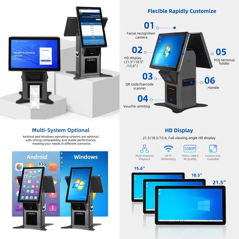 Custom Function Portrait/landscape Mode Pos Holder Code Scanner Receipt Printer Self Service Kiosk Payment For Bank Hotel