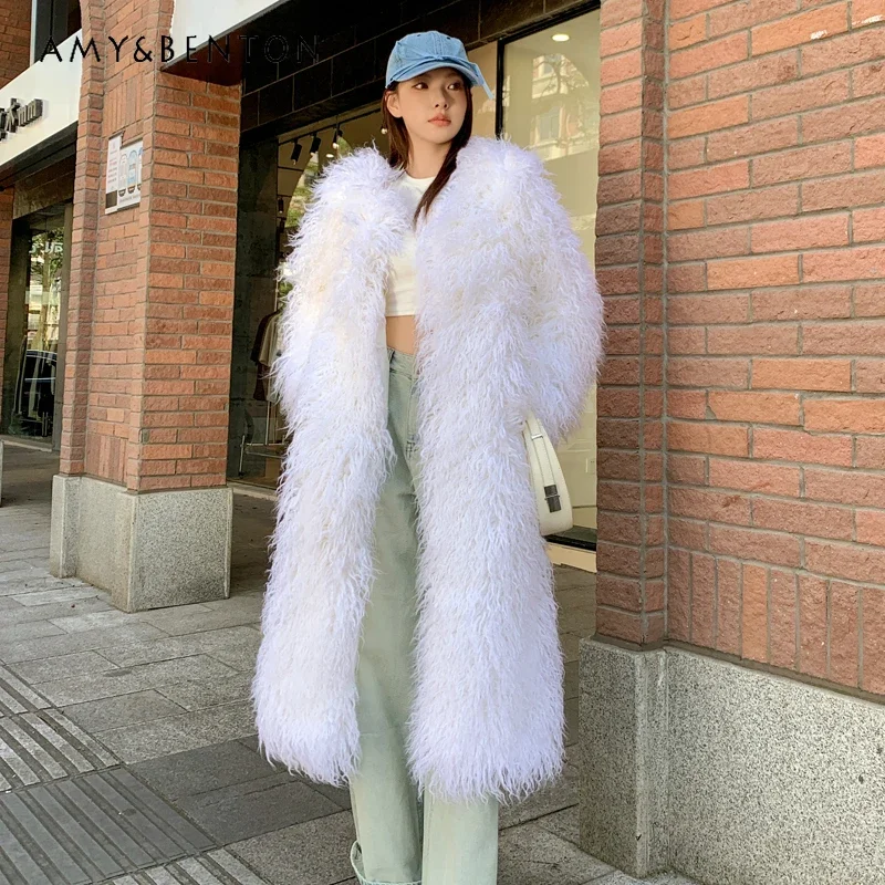 Autumn And Winter New Popular Design Solid White Faux Fur Jacket Imitation Beach Sheep Wool Over The Knee Long Coat Lamb Woolen