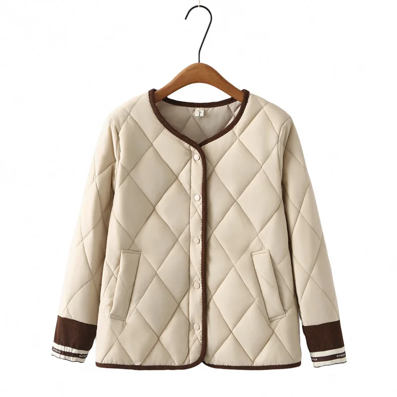 Plus Size Women Parka Autumn/Winter New Fashion Block Color Loose Argyle Padded Coat 2429