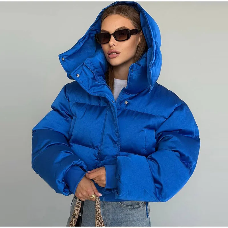 Women Solid Hooded Glossy Padded Jacket Long Sleeve Stand Zipper Fluffy Warm Coat Autumn Winter 2025 Chic Casual Street Jackets