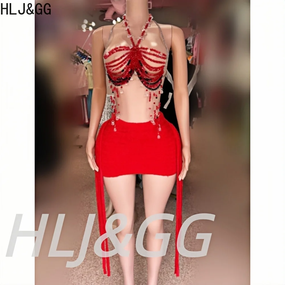 HLJ&GG Sexy Rhinestone Beads Halter Hollow Vest Two Piece Sets Women Sleeveless Backless Crop Top+Tassel Mini Skirts Streetwear