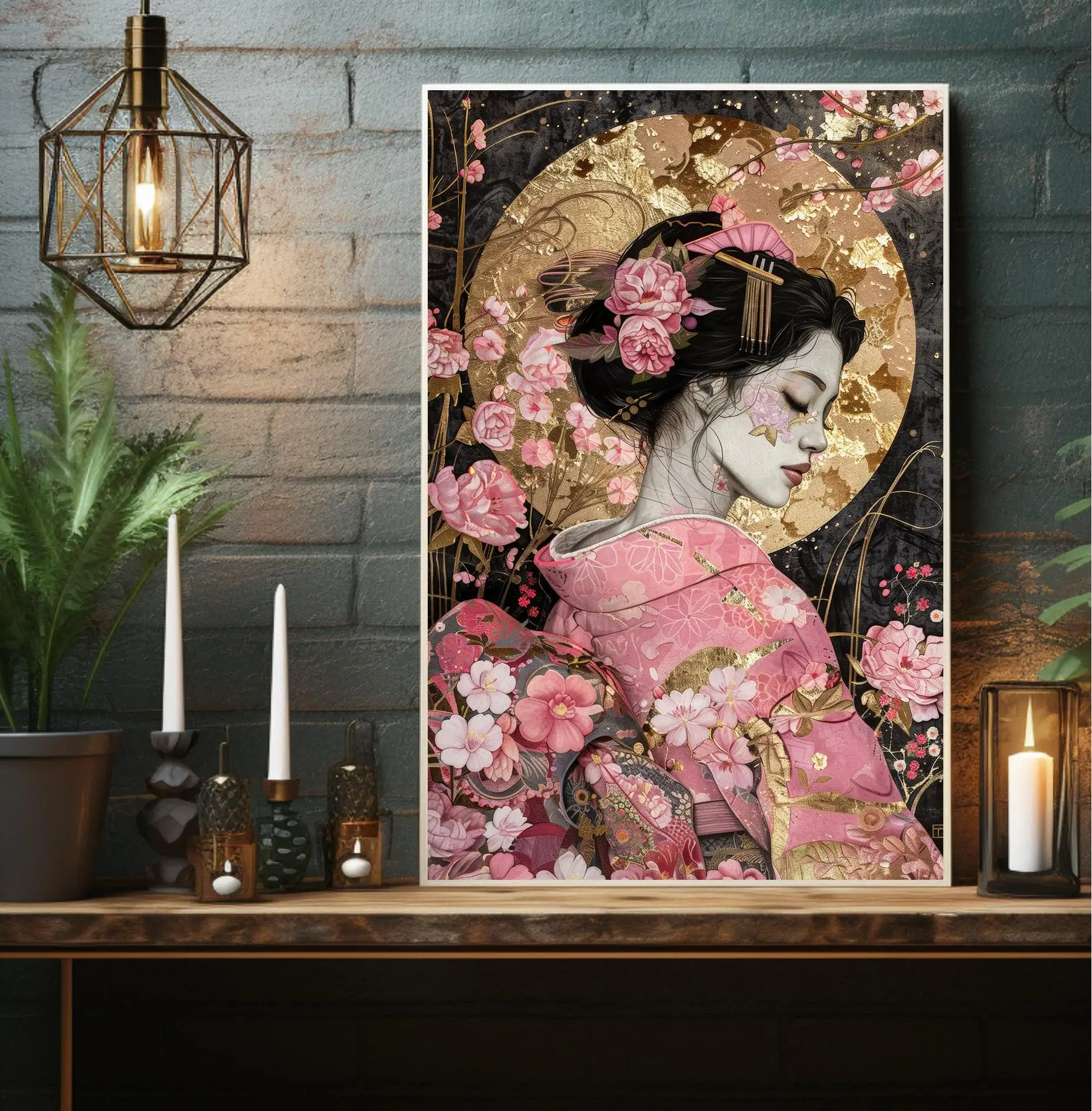 Beautiful Japanese Floral Geisha Portrait Asian Elegant Lady Artwork Poster Canvas Painting Wall Pictures Home Interior Decor