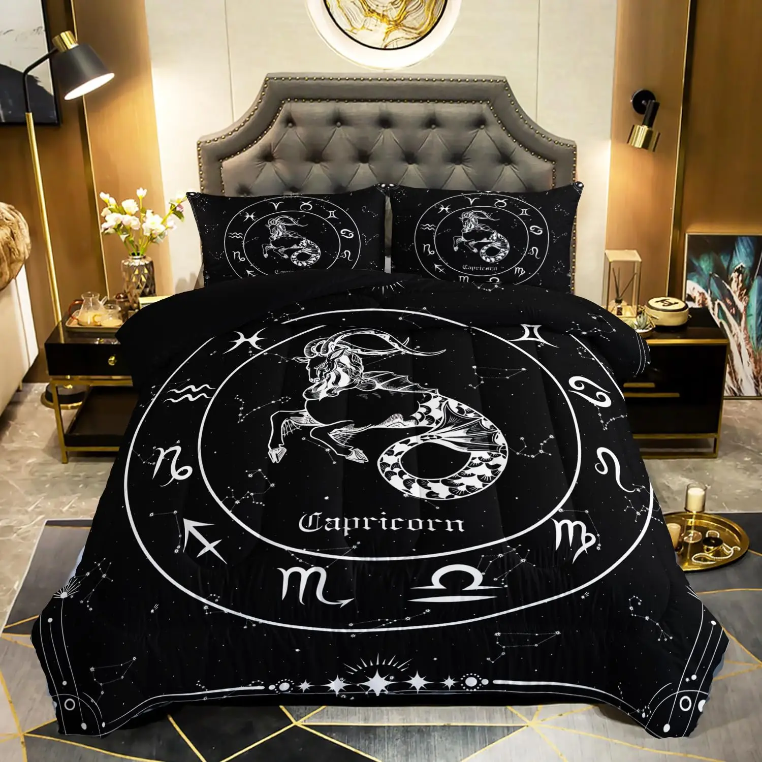 Constellation Duvet Cover Set, Sky Star Map Geometric Circle Decorative 3 Piece Bedding Set with 2 Pillow Shams, Queen Full Size