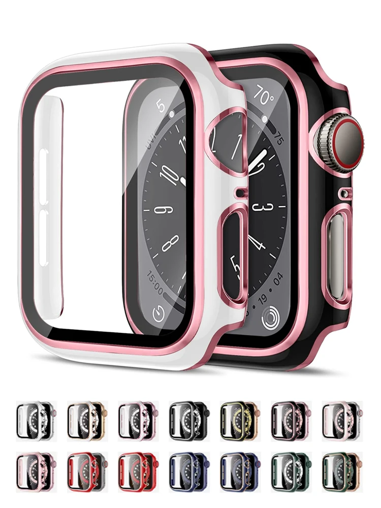 Pelindung Layar untuk Casing Jam Tangan Apple 45Mm 44Mm 41Mm 42Mm 40Mm 38Mm PC Bumper Kaca Antigores + Penutup IWatch Seri 9 8 7 SE 6 5 4