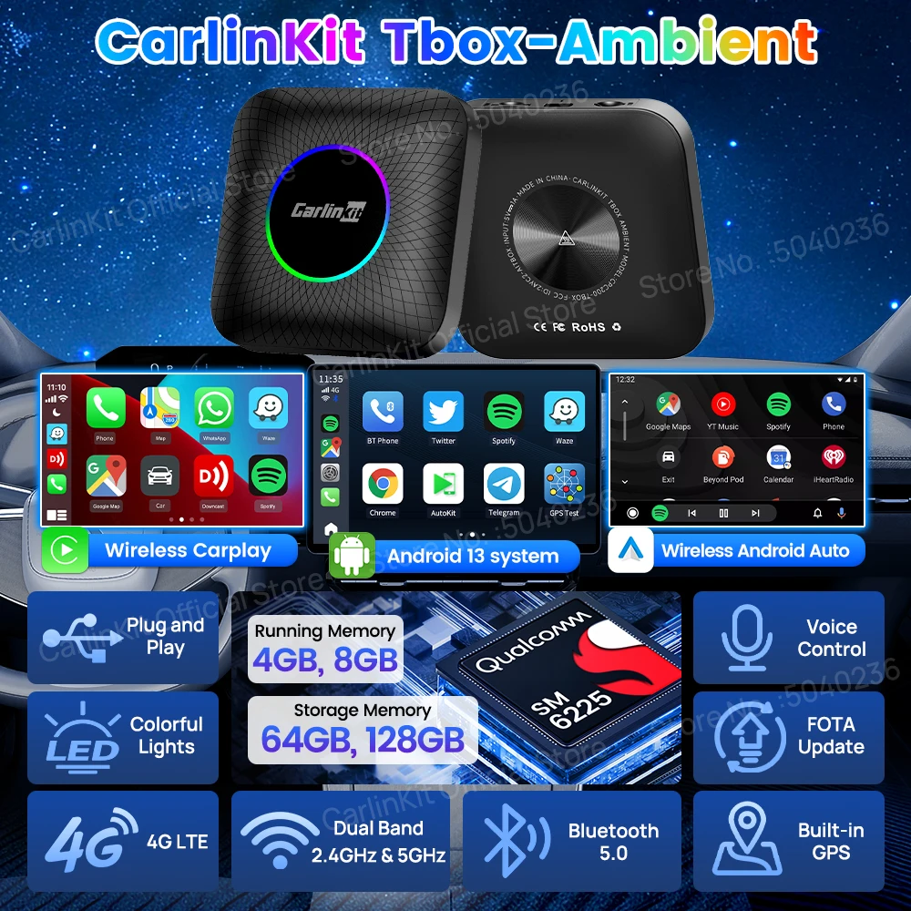8GB+128GB CarlinKit CarPlay Ai Box LED Wireless Android Auto Android 13 TV Box Support YouTube IPTV GPS 4G LTE SIM 512GB TF Card