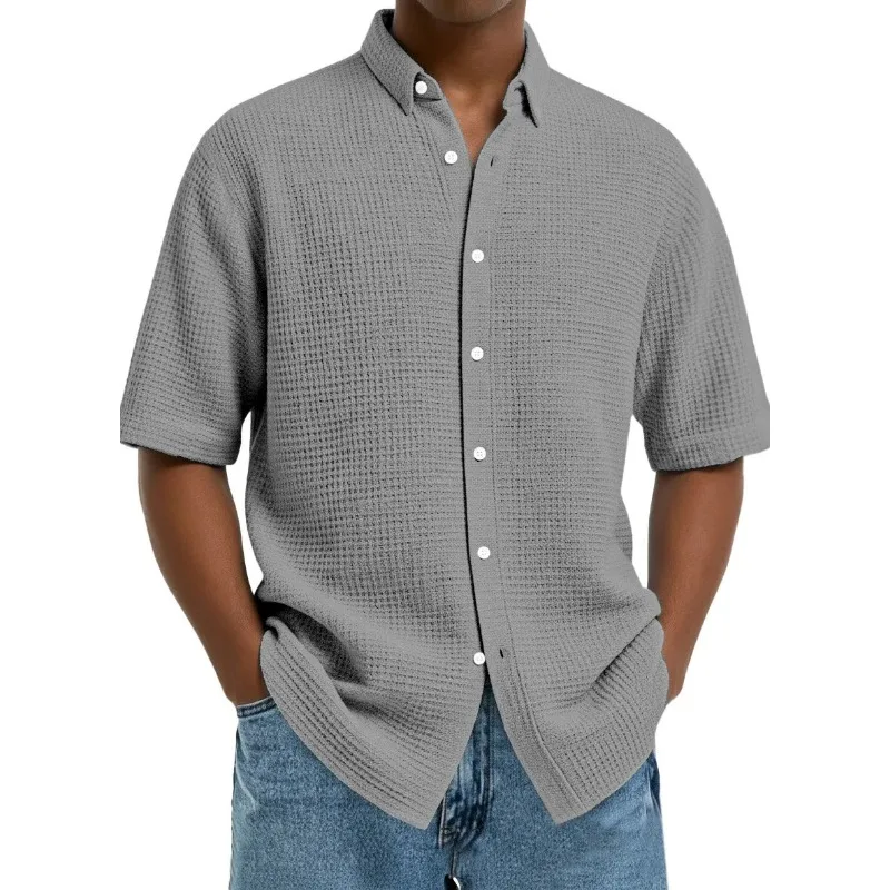 Men's Light Blue Wfle Knit Short-Sleeve Shirt Button-Down Oversized Casual Breathable Daily Top