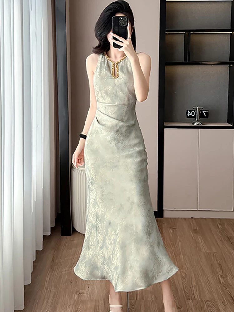 2025 nova impressão sem mangas chique diamantes luxo vestido longo feminino elegante babados vestido de verão coreano bodycon festa vestidos