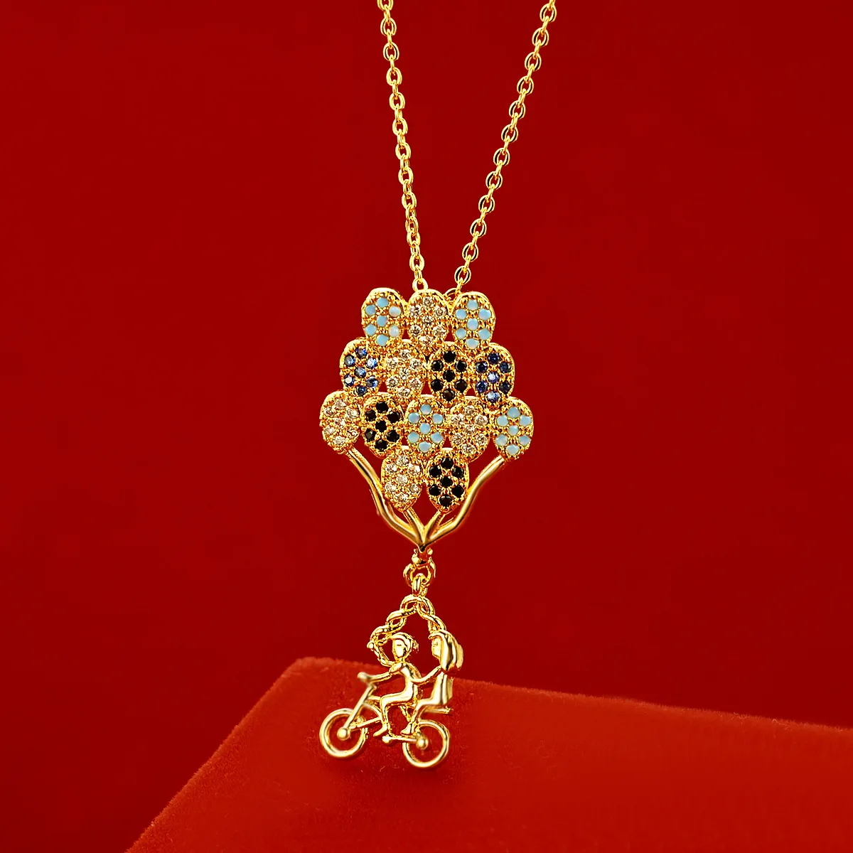 

AU999 Gold Necklace Womens Jewelry Balloon Color Diamond Pendant 24K Pure Gold Bicycle Lover Clavicle Chain Gift for Girlfriend