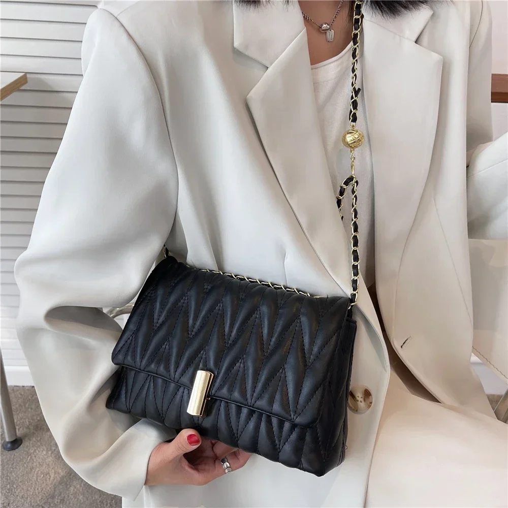 Chain Quilted Shoulder Side Bags For Women 2024 Trend PU Leather Flap Crossbody Bag Square Ladies Handbags Brown Beige