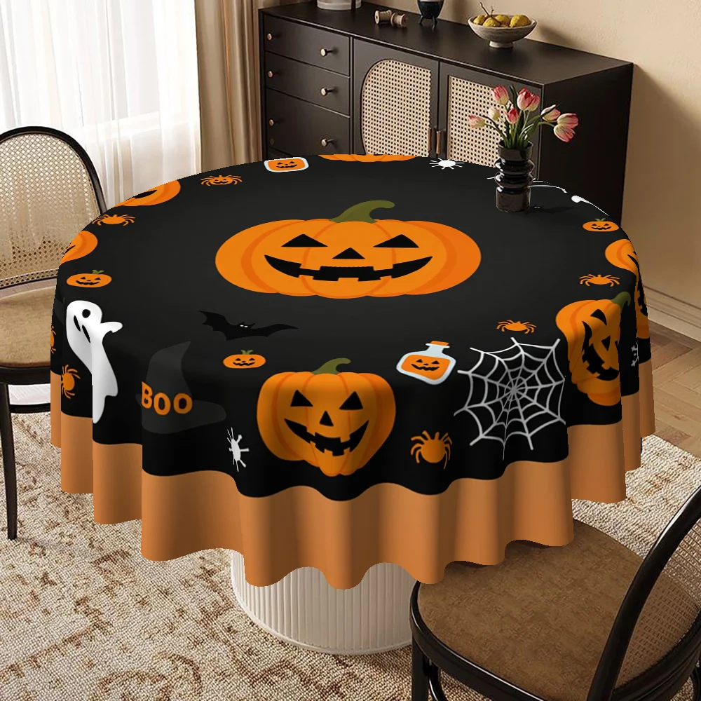 2D flat round tablecloth, Halloween-themed round tablecloth | Pumpkin bat pattern, orange and black color scheme