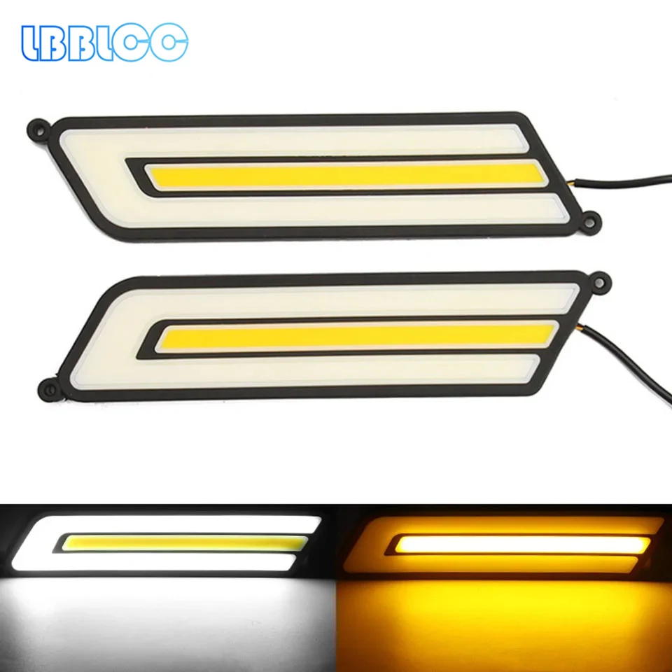 

1Pair Dual Color LED DRL White Amber Car COB Daytime Running Lights Turn Signal Flexible Waterproof Auto Fog Lamp 12V Lighting