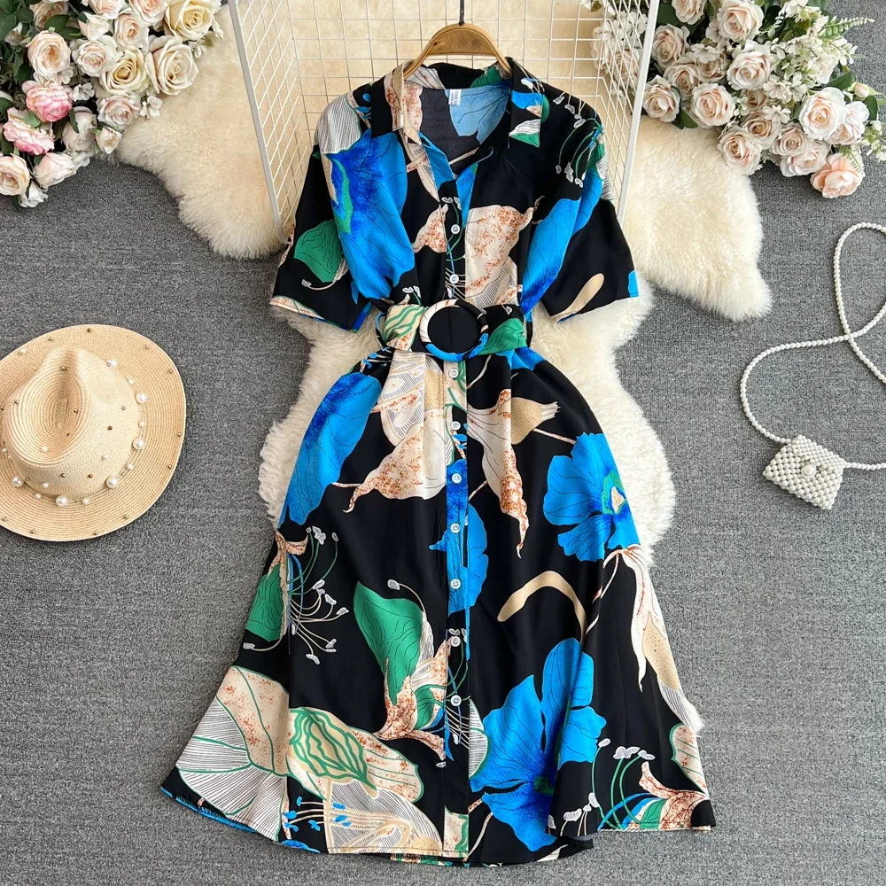 2024 neue Sommer Frauen Kleid Mode druck Blumen A-Linie Hemd Kleid mit Gürtel elegante Vintage Off Lady Kleid lässig Vestidos