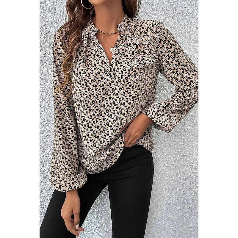 

Y2K autumn new retro pullover shirt women's elegant V-neck printing long sleeve loose fashion versatile casual chiffon top