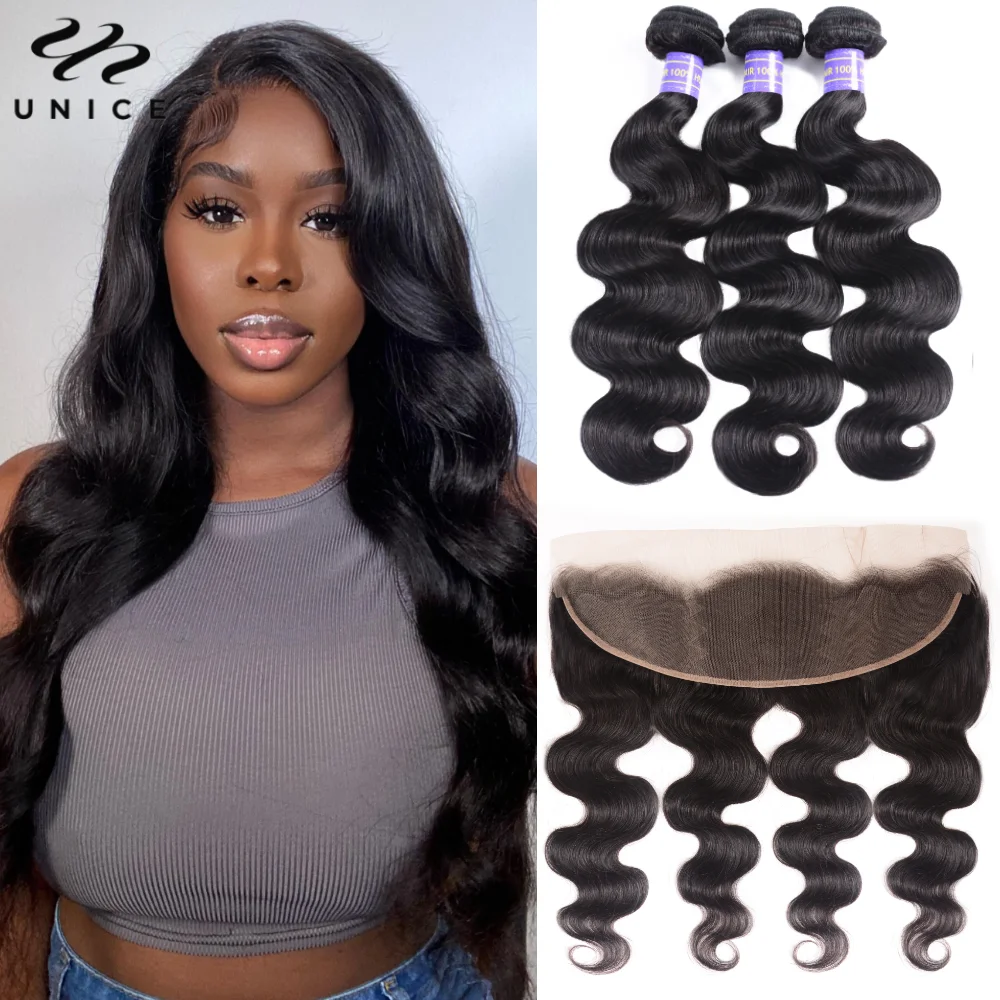 

Unice Hair Body Wave Bundles with Frontal Deal 100% Human Hair 8A Grade 13x4 Lace Frontal Closure With 3/4 Bundles Human Hair