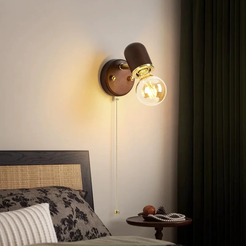 

Creative Zipper Switch Bedroom Bedside Wall Lights Japanese Walnut Color Wood Wall Lamp Corridor Hallway Entrance Aisle Stair