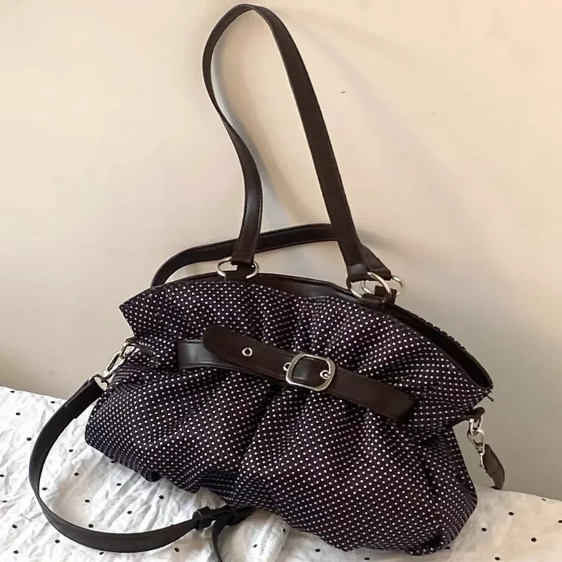 

Ретро-сумка-тоут с пряжкой и принтом в горошек, вместительная плиссированная сумка, универсальная сумка через плечо для женщин, студенток и для поездок на работу.