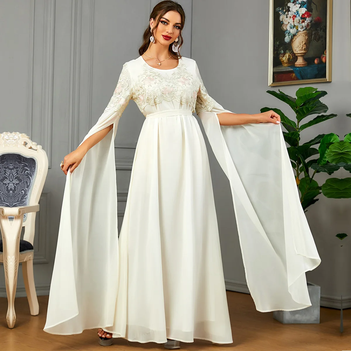 Middle East Cross border Women's Clothing Arab Clothing 2024 New Mesh Embroidered Dress