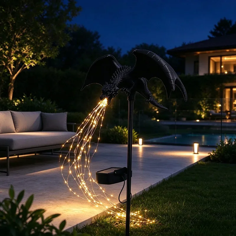 Solar Dragon Fire Resin Garden Stake Light Warm Glow Outdoor Auto On Off Waterproof Patio Yard Decor