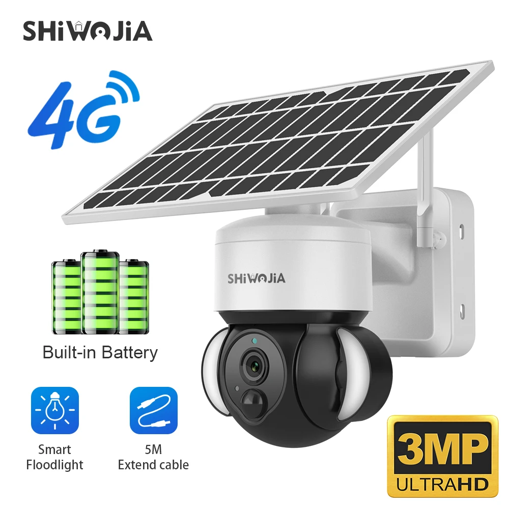 

SHIWOJIA Solar Camera 4G SIM Outdoor Wireless Cctv Cloud H265 Solar Power Garden Lights Security Surveillance Battery Cam