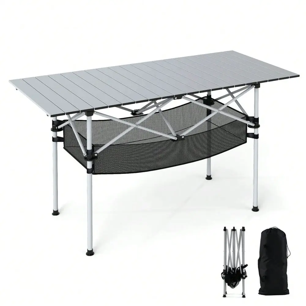 

Patio Folding Camping Table With Aluminum Roll Tabletop Mesh Basket
