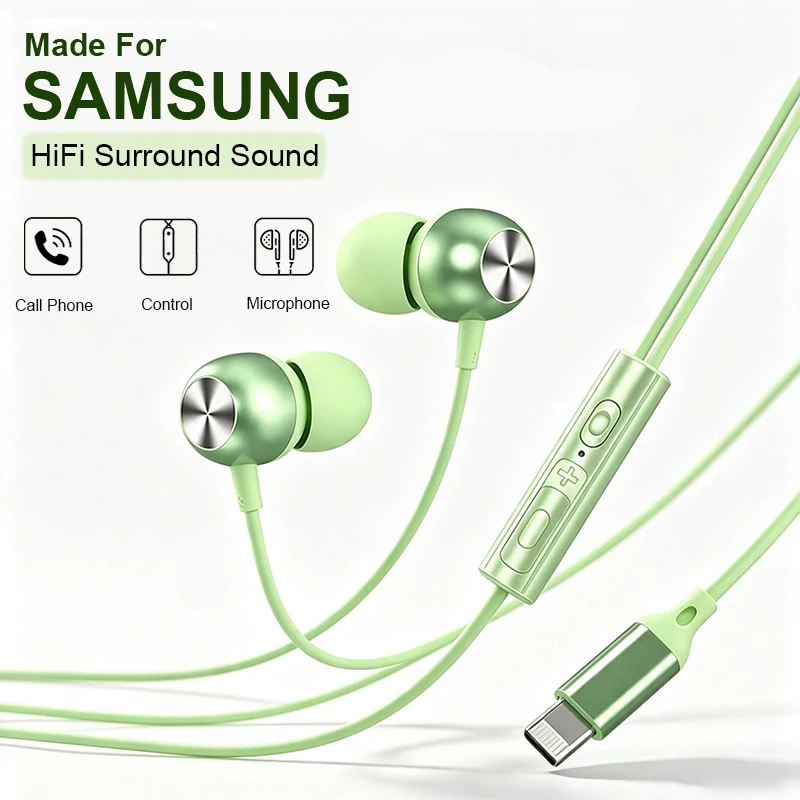 For Samsung Galaxy S26 S25 Wired Headphones HiFi Bass Stereo With Mic In-Ear Earphones Type C Earphones For iPhone Huawei Xiaomi