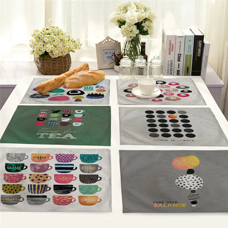 Coffee Cup Print Linen Placemats For Kitchen Table Colorful Anti-scalding Table Mats for Dining Table Cup Coasters