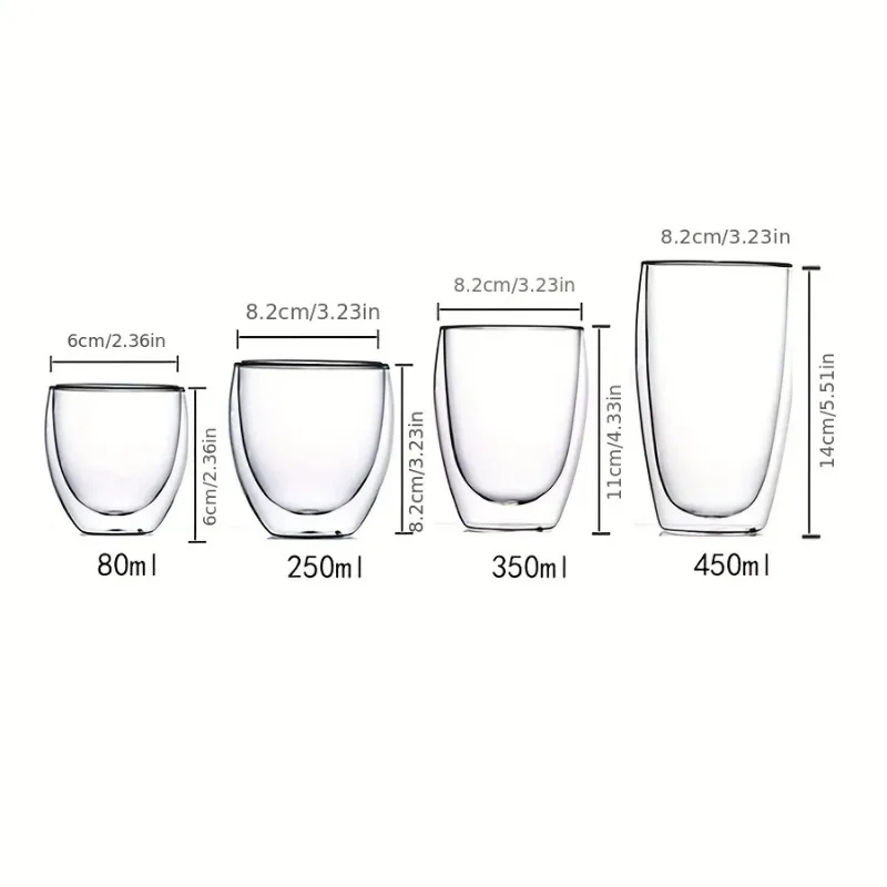 2/4/6PC 80ML/250ML/350ML/450ML Double Walled Glass Coffee Cup Insulated Layer Tea Cups Clear Small Glass for Hot Cold Glassware