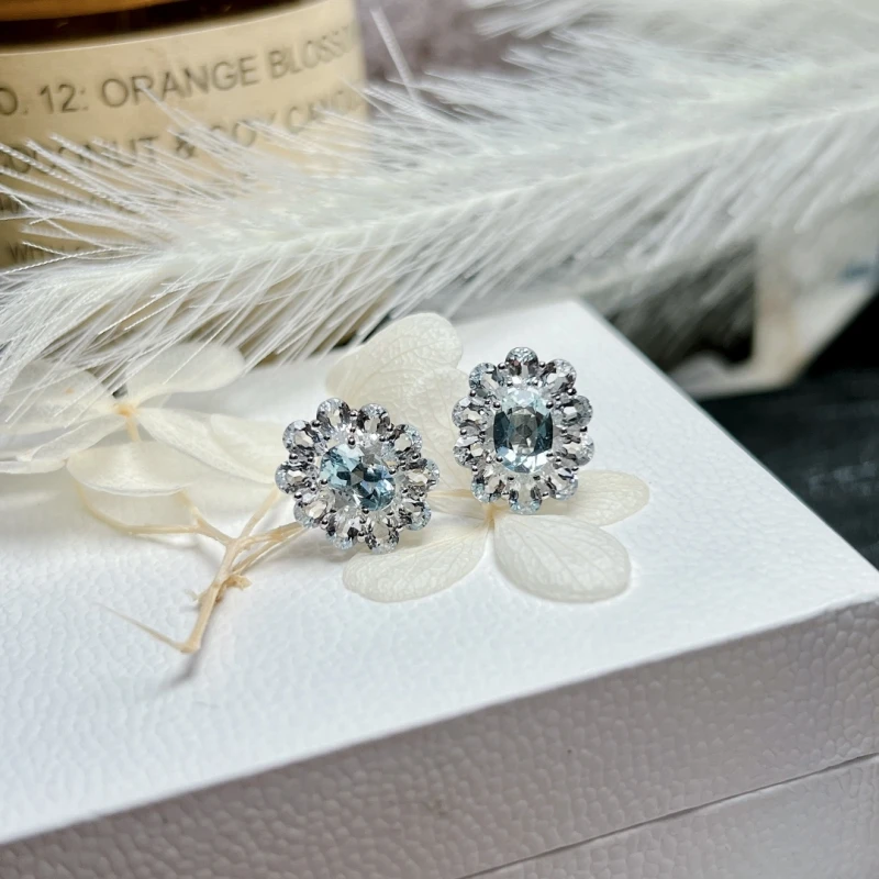 

Premium 925 Sterling Silver Sunflower Sea Blue Treasure Natural White Topa Women's Party Wedding Earrings