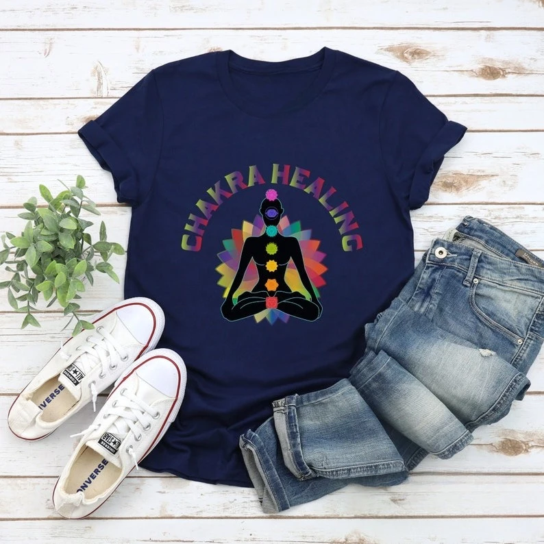 Chakra Unique Healing Human Body Seven Chakras Yoga Gift Meditation Pilates Tee Instructor Reiki High Quality Cotton Short-sleev