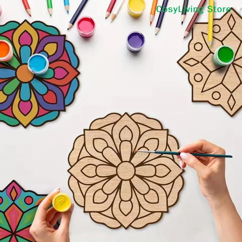 [CL]8/12Pcs Unfinished Mandala Coloring Wooden Art Painting DIY Kit Creative Craft Doodle Tool Kit High-Quality Materials[CL]