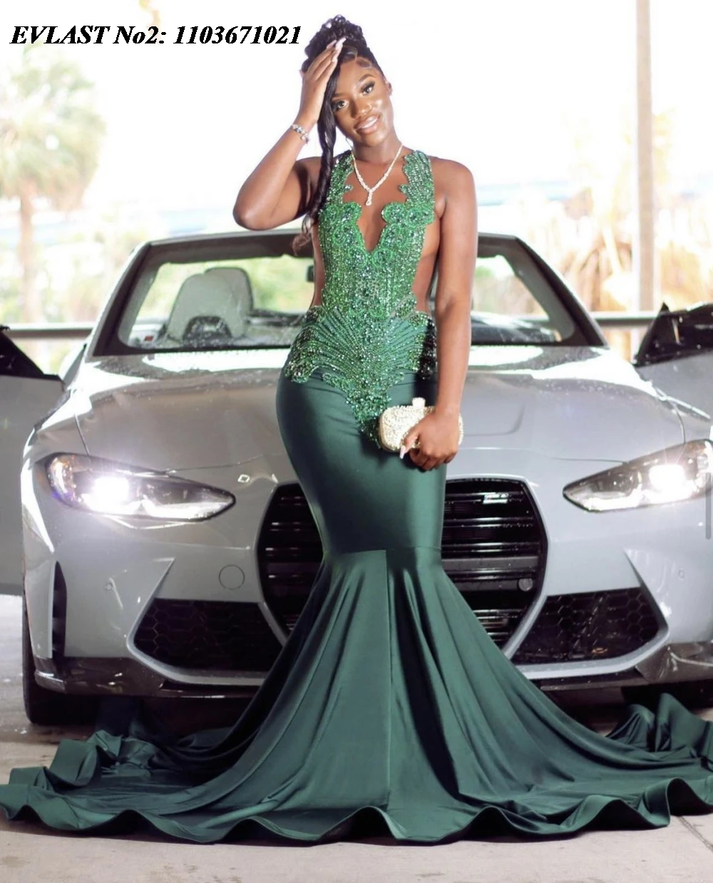 EVLAST Customized Dark Green Crystal Rhinestones Long Prom Dresses Black Girls 2025 Luxury Beaded African Birthday Gown E2P67