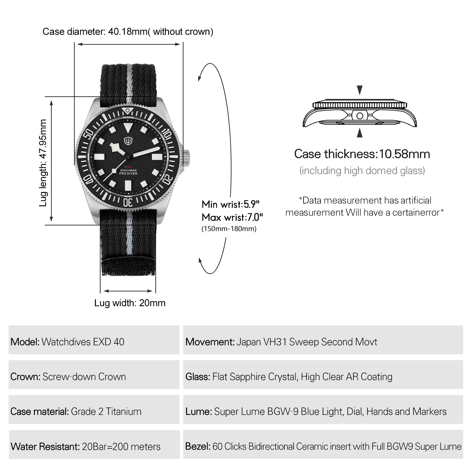 Watchdives EXD 40Mm Titanium Dive Watch Man VH31 Sweep Quartz Watches 200 Waterproof Ar Sapphire BGW9 Luminous 316L Wristwatch