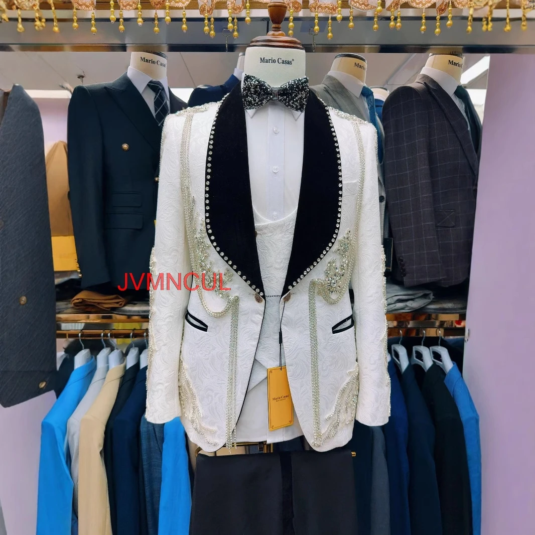

Men's Premium Embroidered 3 Piece Suit Slim Fit Wedding Groom Business Formal Tuxedo Blazer Vest Pants Set for Banquet Party