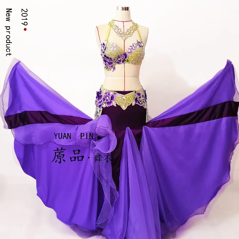 Customized Belly Dancewear Rhinestone Accessories Group Stage Suit Performance Costume Belly Dancing Bra Tassel Split Skirt Set