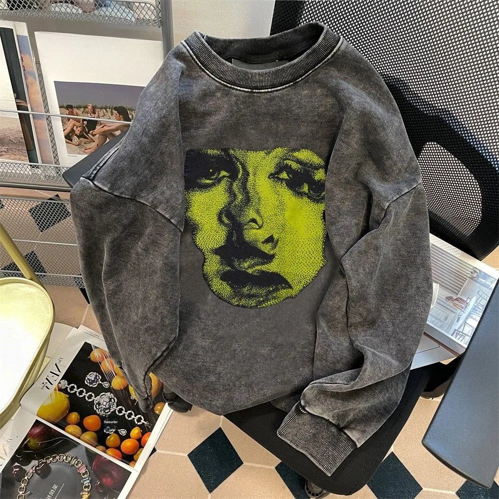 

Худи большого размера 300 Pou в американском стиле с круглым вырезом и принтом, осенне-зимняя, винтажная, уличная одежда, топ