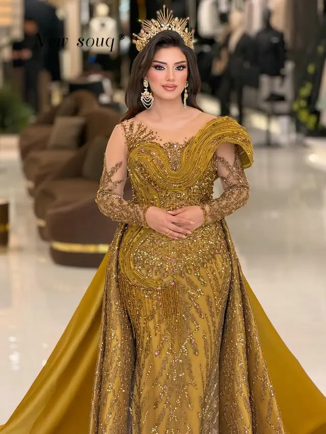 Mustard Muslim Evening Dresses with Detachable Train Middle East Long Sleeves Two Pieces Formal Wedding Prom Gowns Customized