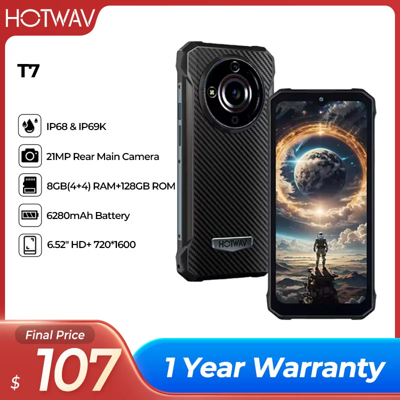 

Global HOTWAV T7 Rugged Smartphone Android 13+ 6280mAh Large Battery Smartphone 8(4+4)+128GB 21+8MP Camera Cell phone