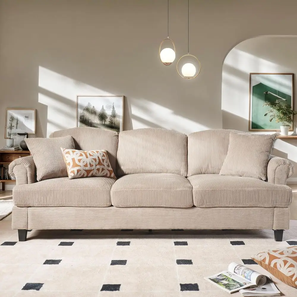 

3-Seater Deep Cushion Sofa, 91 Comfortable Cloud Living Room Couch, Century Modern Beige Upholstered Sofa with Armrests, Compact
