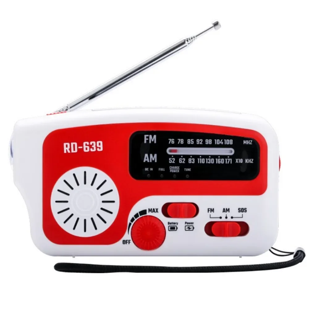 الطاقة الشمسية AM راديو FM في الهواء الطلق مصباح يدوي محمول LED ضوء الهاتف المحمول USB شاحن الطوارئ إنذار توليد الطاقة باليد