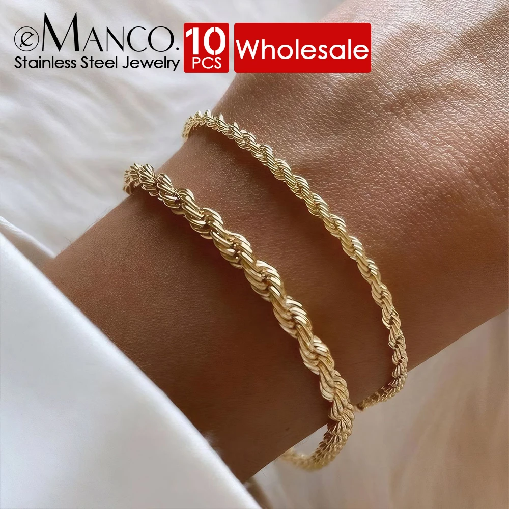 EMANCO 10PCS Wholesale 2/3/4/5MM Gold Color Twisted Rope Chain Bracelet, Stainless Steel Hip Hop Punk Fashion Jewelry for Women
