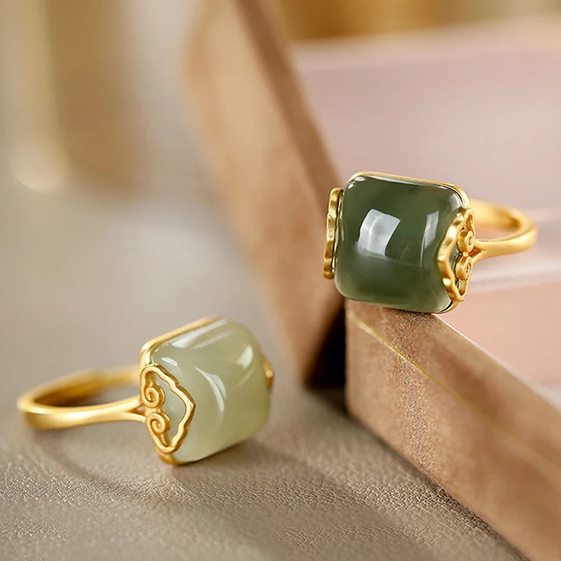 Vintage Ethnic Style Auspicious Clouds Imitation Jade Adjustable Rings Women Chinese Style Temperament Simple Elegant Ring Gift